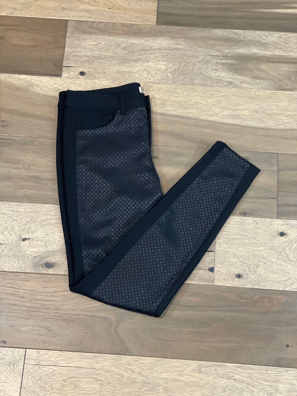 Cache Jacquard Skinny Pants Size 10 Black Faux Leather Trim Slim Trousers